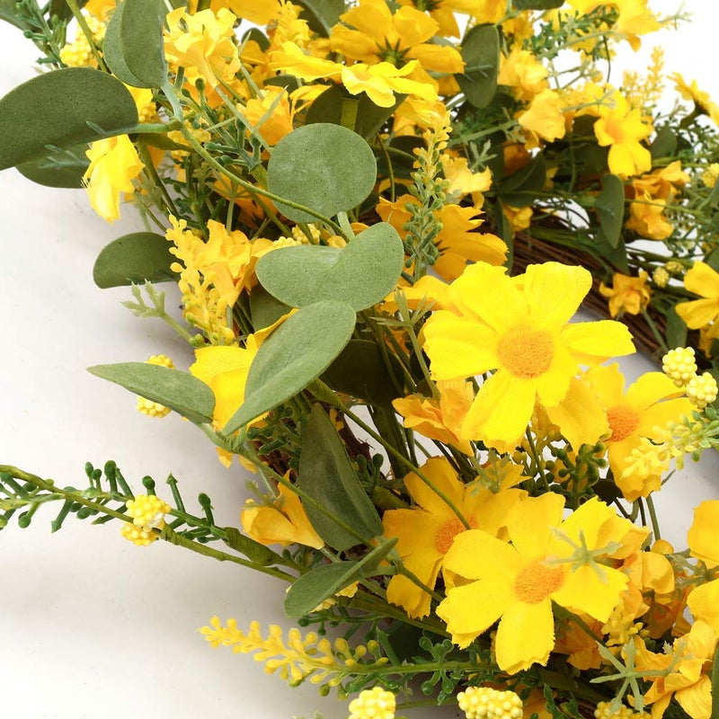 J'FLORU Artificial Spring Wreath 22 Inch Summer Wreaths for Front Door Yellow Daisy Wreath for Indoor Outdoor Home Decor and Easter Celebration - Image 2